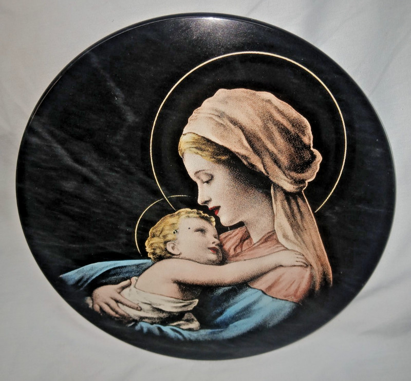 Vintage Mary & Jesus Religious Marble Wall Plaque Picture Trivet Art Hot Plate