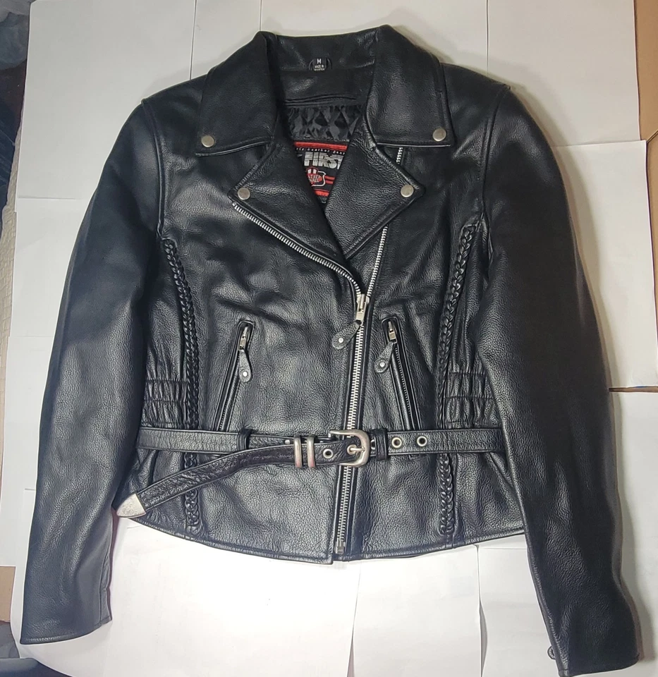 Vintage First Classic Ladies Black Motorcycle Jacket Size M Liner Belt Full Zip - Image 3 of 4