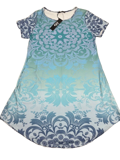 LILY Ombre Blue Dress XL Short Sleeve NEW Flowy Boho Stretch Beachy Festival