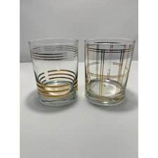 2 Vintage MCM Double Old Fashion Glasses Tumblers with Gold Accents Bourbon 