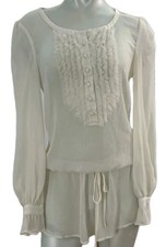 Guess Tunic Ivory Sheer Top Womens size Small Chiffon Ruffle Long Sleeve Peasant
