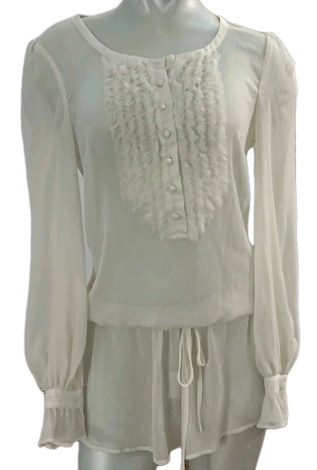 Túnica Guess Marfil Transparente Top Mujer Talla Pequeña Gasa Volantes Manga Larga Campesina