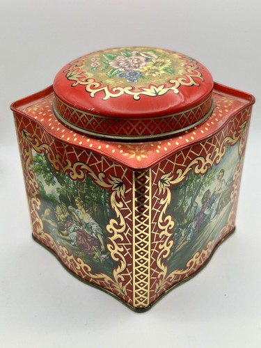 Vintage Daher Lidded Tin Red Gold Courting Couples 4.25" - Picture 2 of 6