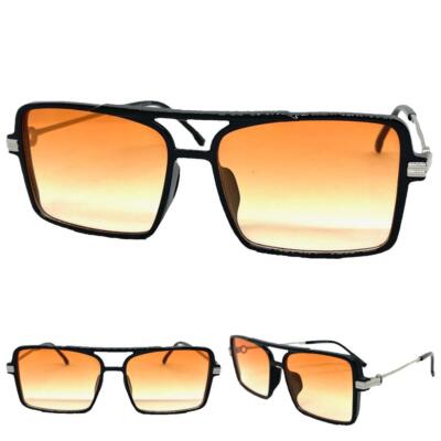 Classic Vintage Retro Style SUNGLASSES Square Black & Silver Frame Orange Lens