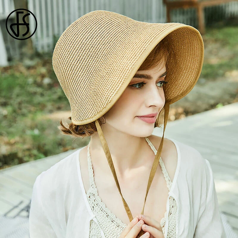 French Straw Bonnet Cap for Women Victorian Sun Hat Chin Strap Foldable