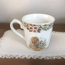 Thanksgiving Mug Multi Color Turkey Flower Border Queens Myott Factory (B)