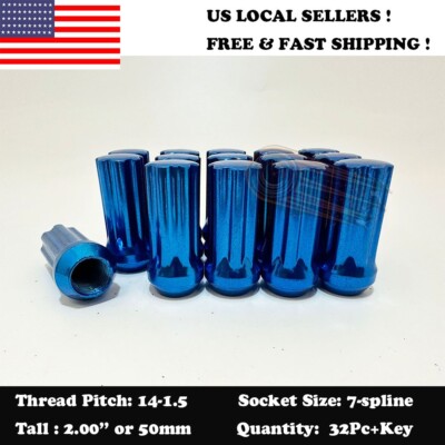 32PC+KEY 14X1.5 FOR FORD BLUE 2'' TALL TUNER RACING SPLINE WHEEL LUG NUTS