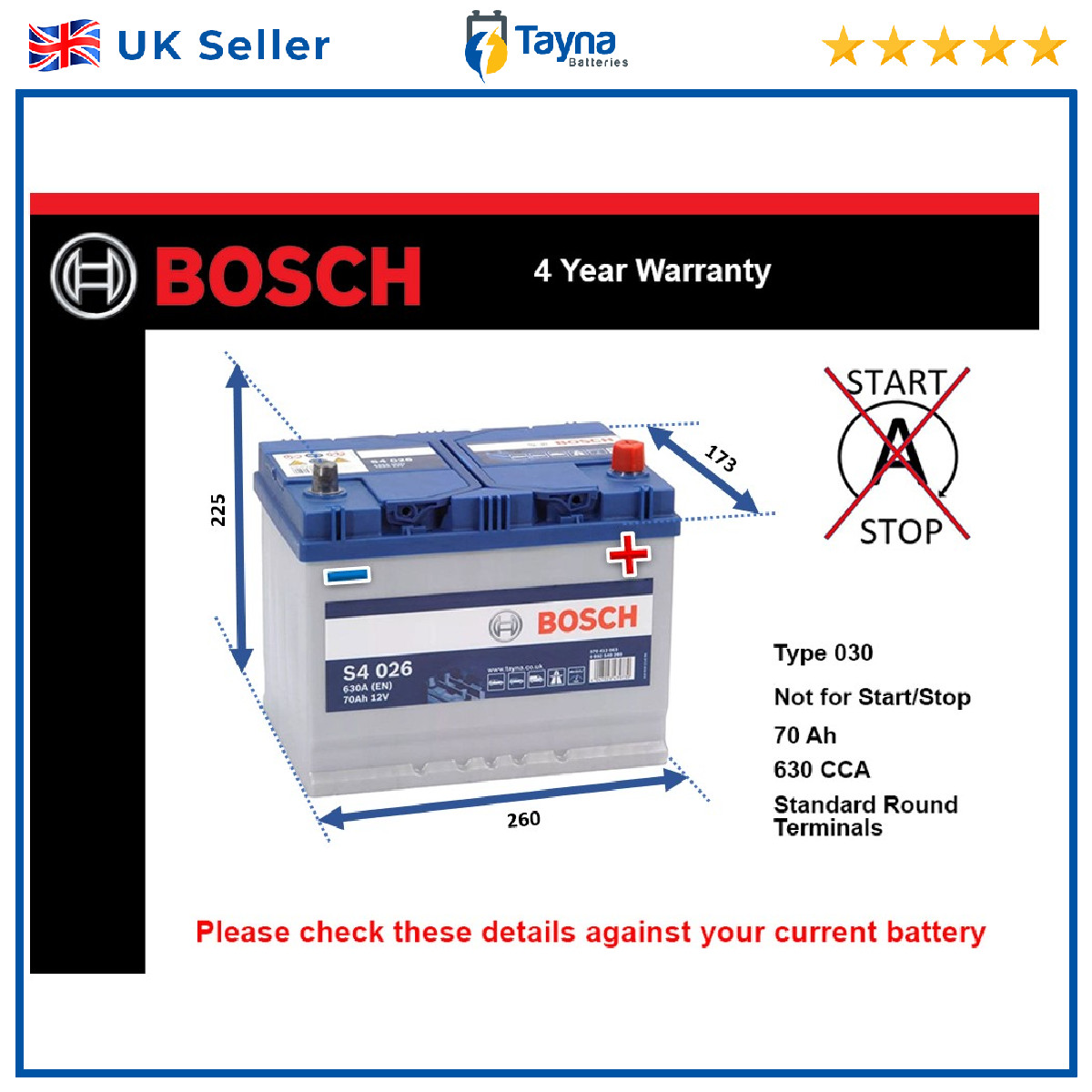 Battery fits PANTHER KALLISTA SOLO LIMA 1.6 2.0 2.3 2.8 2.9 76 to 92 Bosch 068