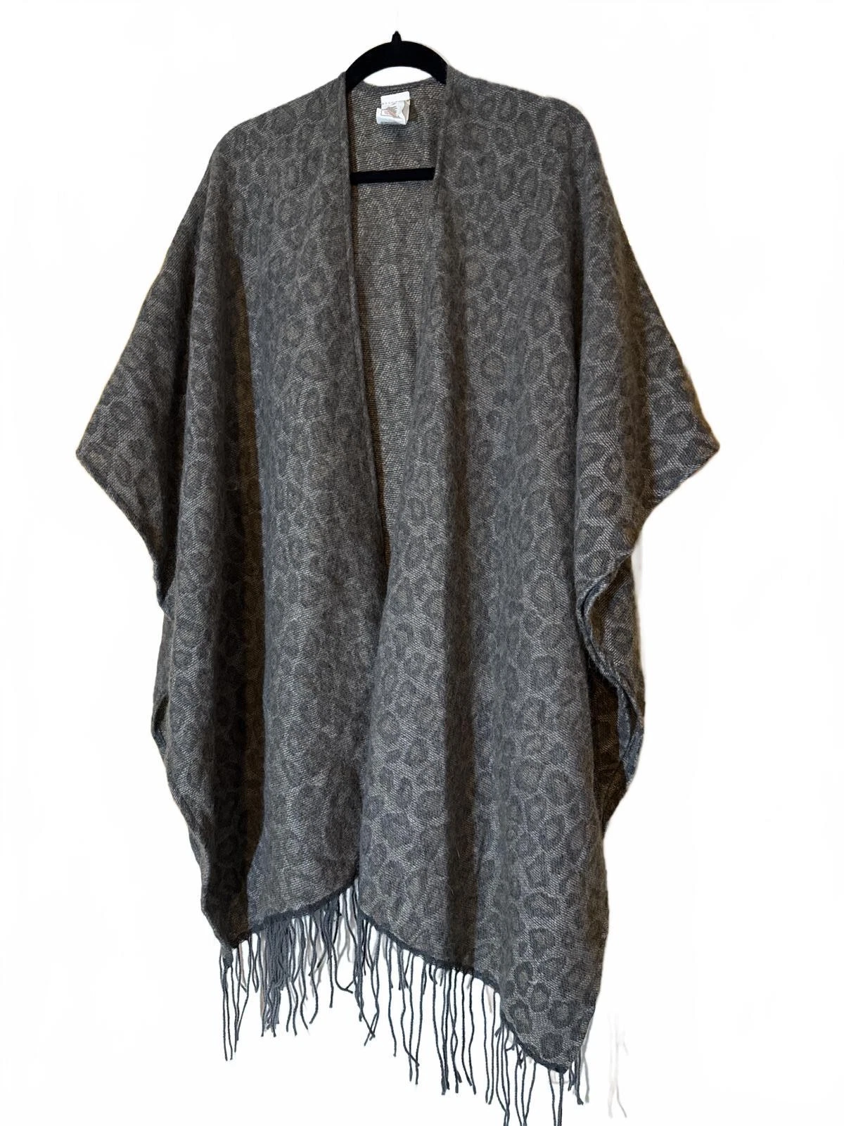 Woolrich Gray Leopard Print Fringe Poncho Wrap One Size