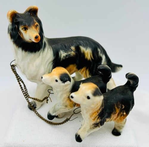 Collie Lassie Dog with 2 Chain Puppies Set 3 Porcelain Figurine Japan Vintage