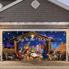 Nativity Garage Door Cover Decorations, 7X16Ft Stable Manger Scene Backdrop Bann