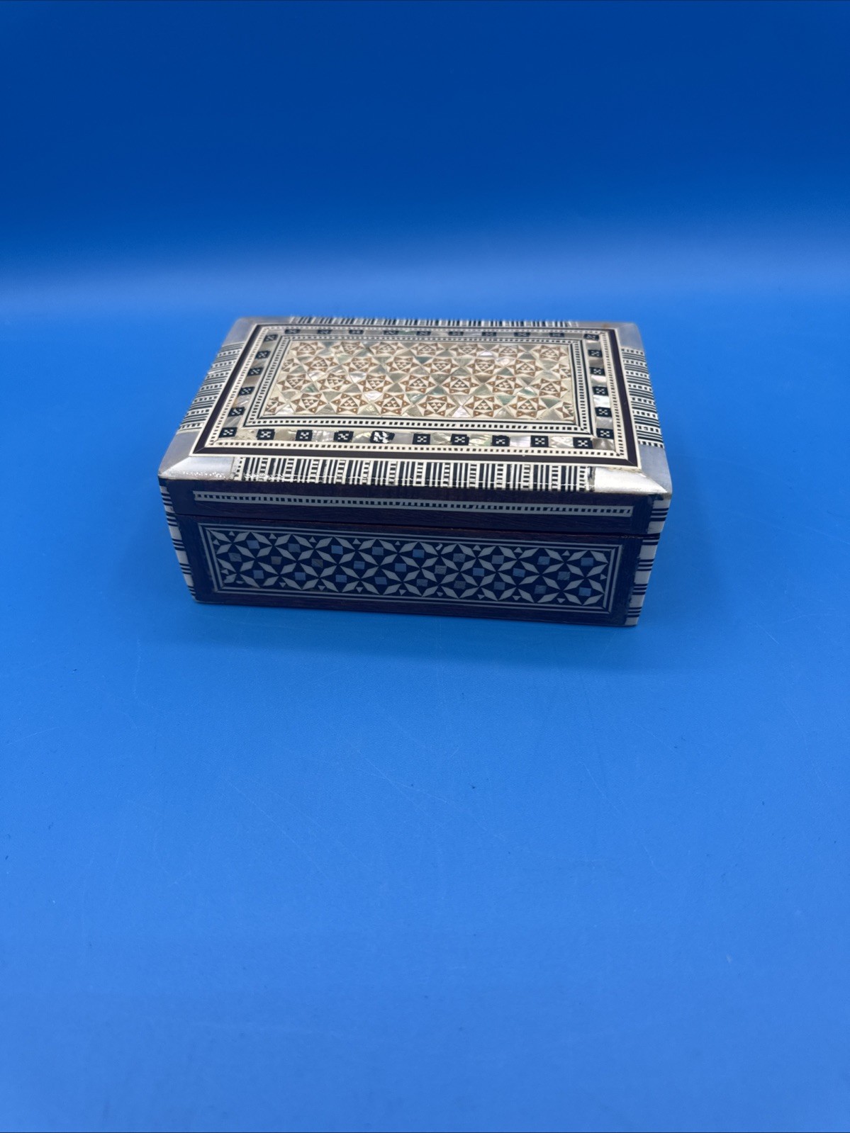 Middle Eastern Mother of Pearl Marquetry Inlaid Jewelry Box with Velvet Interior