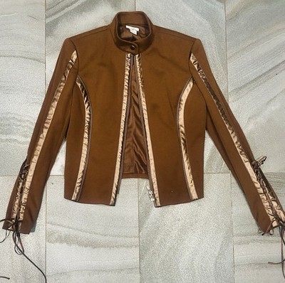 Vintage Cache Brown Jacket with Bronze Metallic Piping Corset Sleeve Ties Sz 12