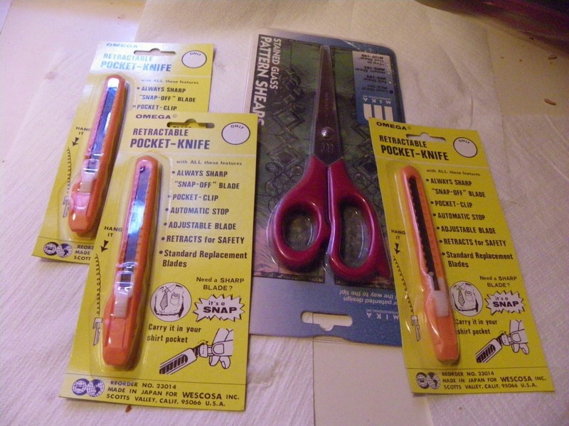 Mika Lead Pattern Shears Scissors (2) for Stained Glas & 3 razor blades knifes