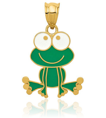 14K massiver Gelbgold mittelgroßer grün weißer Frosch Anhänger Halskette 23mm 7/8 Zoll