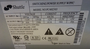 SHUTTLE MODEL: PC40I2503  20 Pin  Netzteil 250W  #NT4998