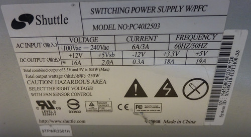 SHUTTLE MODEL: PC40I2503  20 Pin  Netzteil 250W  #NT4998