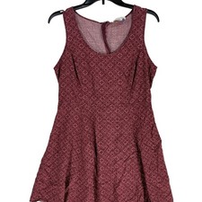 FOREVER21 Fit Flare Dress 0X Burgundy Floral Tile Print Scoop Neck Knee Length