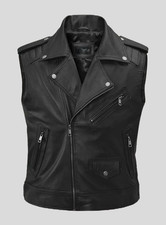 Men s Black Leather Biker Vest Genuine Lambskin Motorcycle Waistcoat with YKKZip