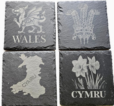 Set Of 4 Wales, Welsh Slate Coasters, National, Cymru, Dragon, Map, Gift, Drinks