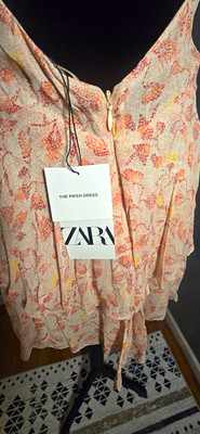 ZARA Beige Pink Yellow Floral Ruffle Layered Mini Dress V-Neck Sleeveless M