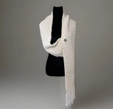 Charter Club Alpaca Blend Knit Scarf Long Ivory Fringe Button Boho Classic Prep