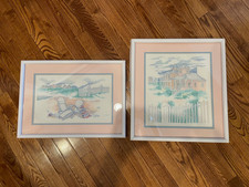 Pair of 2 Seaside Needlepoint Cross Stitch Framed Pieces, 1991, Pastels, White