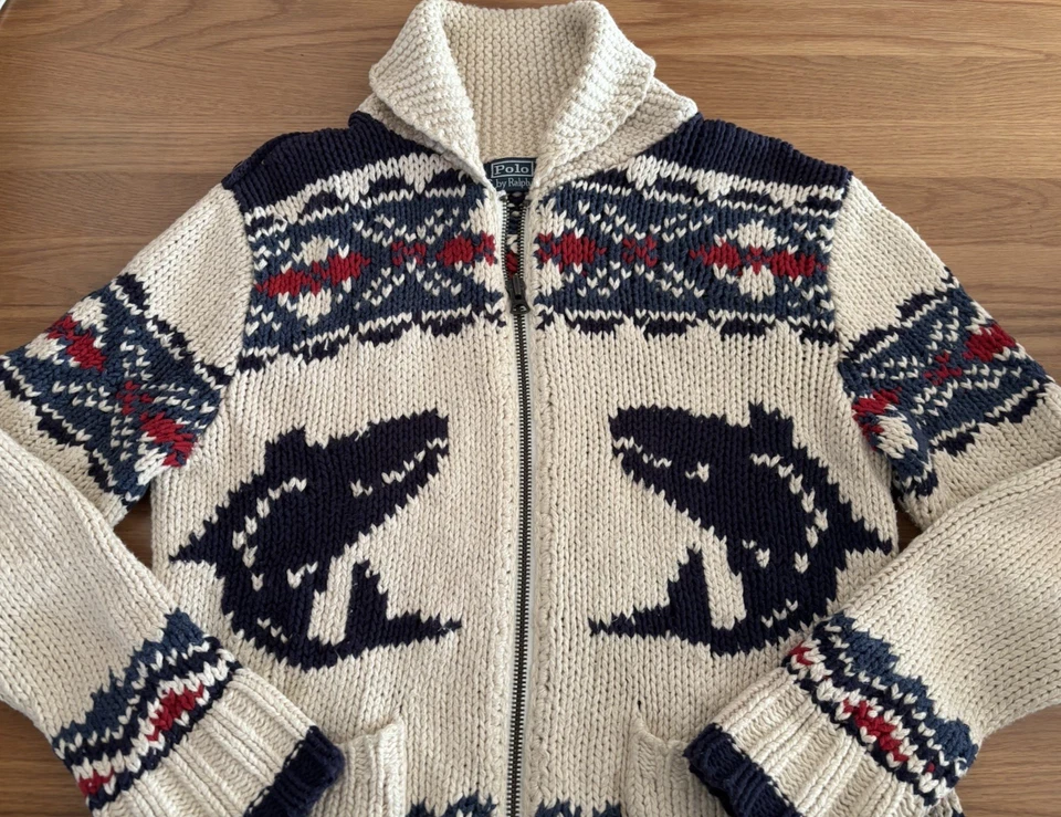 Polo Ralph Lauren Intarsia Zip-Up Cowichan Sweater M Cotton Linen Whale Anchor - Image 3 of 4