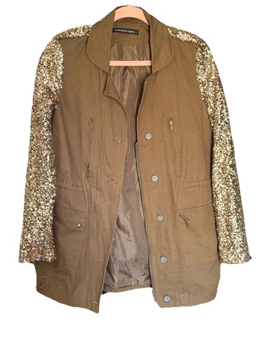 Faubourg du Temple Military Green Statement Jacket W/ Gold Sequin Sleeves, S