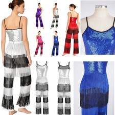 Women Tassel Dance Jumpsuit Unitards Sequin Fringe Romper 70s 80s Disco Wear