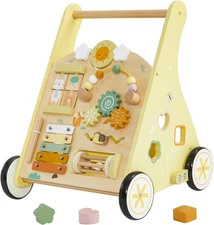 Wooden Baby Walker, Push Walker for Baby Boys and Girls with Activity Center, Mo