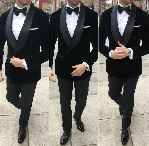 Men Black Velvet Double Breasted Suit 