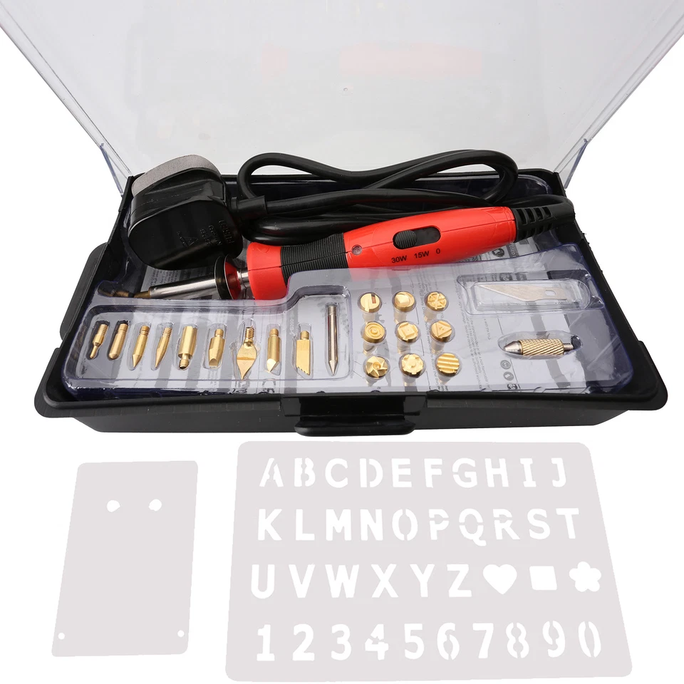 QUALTEX Wood Burning Marking 22 Piece Soldering Tool Set Pyrography Kit Brass Tips + Box