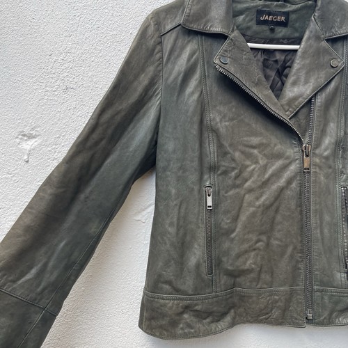 Jaeger Real Leather Biker Jacket Womens 10 Medium Green Distressed Cropped Soft - Picture 6 of 23