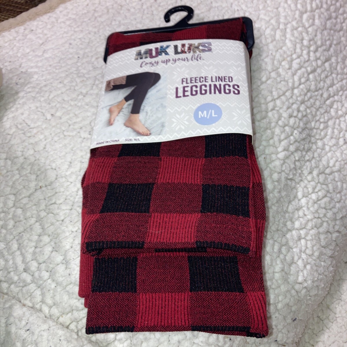 MUK LUKS Fleece Lined Leggings RED BUFFALO PLAID M/L NEW