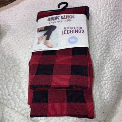 MUK LUKS Fleece Lined Leggings RED BUFFALO PLAID M/L NEW