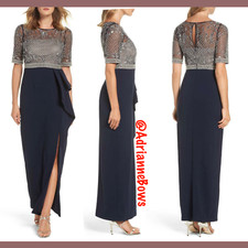 NEW Adrianna Papell Beaded Cascading Ruffle Gown in Midnight Blue [SZ 4P ] #G50