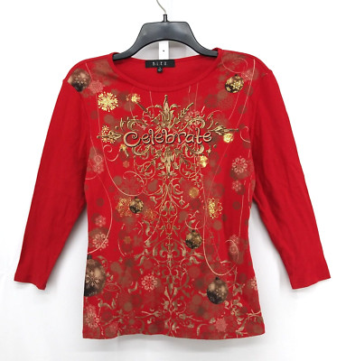 B.L.E.U. Shirt Womens Size S Red 3/4 Sleeve Christmas Holiday Pullover Top