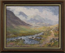 Olio su tavola di Angeline Bell. Intitolato "Morning light Styhead pass"