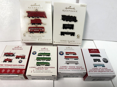 6 Hallmark Ornaments Mini Lionel Train Sets 2009, 2010, 2017, 2019 , 2021, 2024
