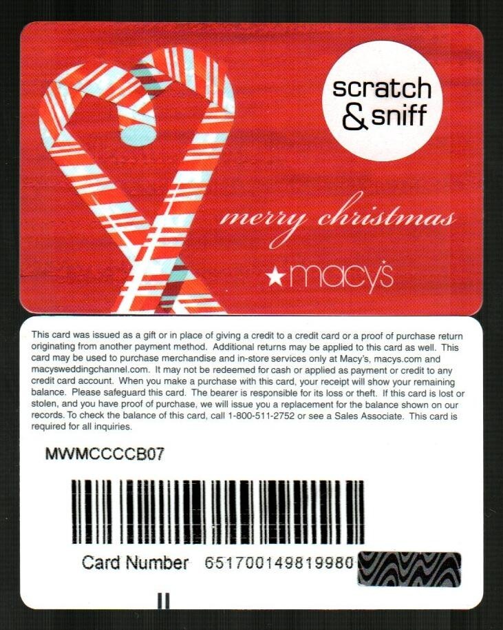 MACY'S Merry Christmas, Candy Canes 2007 Scratch &amp; Sniff Gift Card  ( $0 ) V2 | eBay