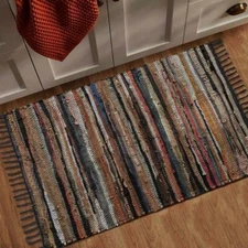 Leather Chindi Rag Rug Multi-colored Earthtones 24"x36" Boho Farmhouse