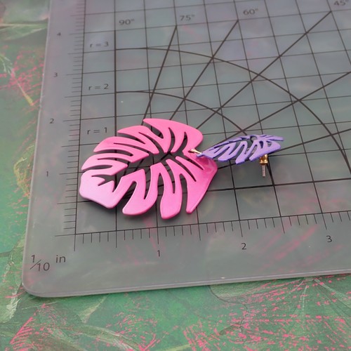 Lot de boucles d'oreilles percées pendantes feuille rose jaune violet orange fluo tropical vintage - Photo 5/5