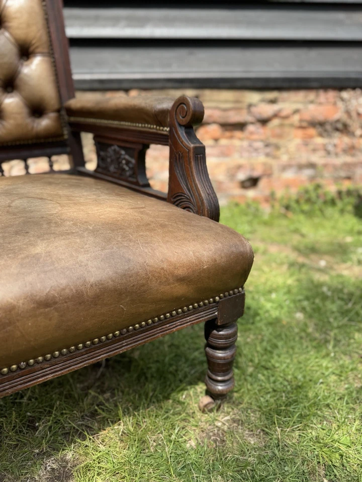 Victorian Carved Walnut & Leather Library Chair Button Back Fireside Armchair - Image 2 of 4