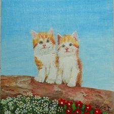 Vintage Adorable Twin Kittens Cats Kitties Naive Oil Painting Flowers Log Signed