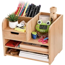 Frcctre Bamboo Desk Organizer with Drawer 3-Tier File Paper Pen Holder Statio...