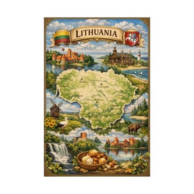 Lithuania Poster | Vintage travel map, Baltic landmarks