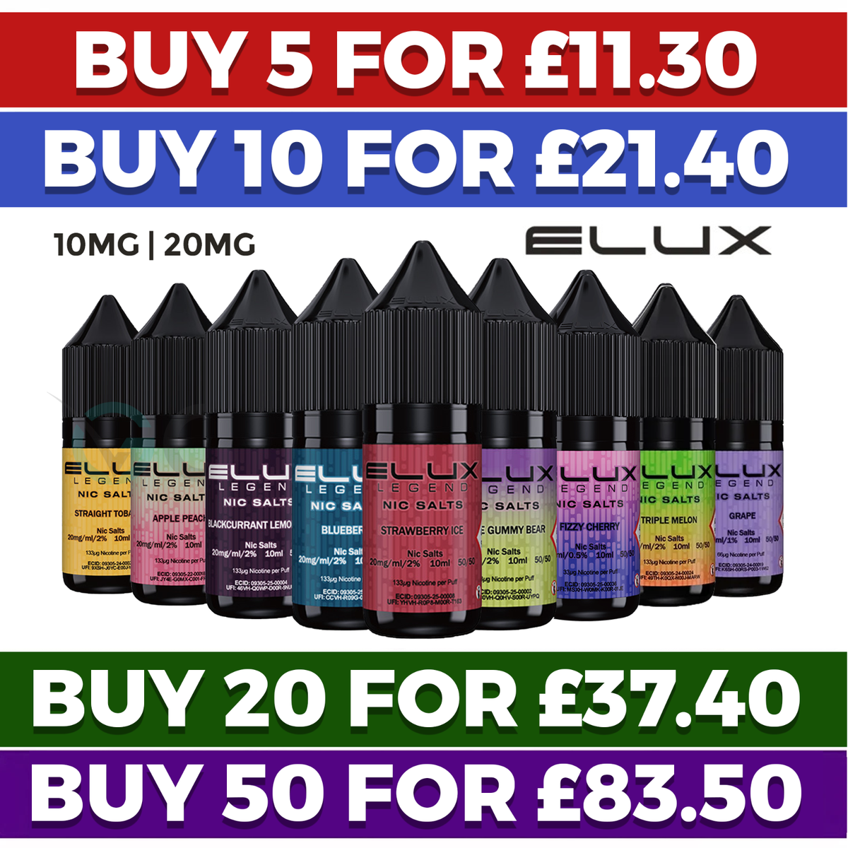 Elux Nic Salt 10ml E Liquid Vape Juice | 5mg/10mg/20mg | 50VG/50PG New  Flavours