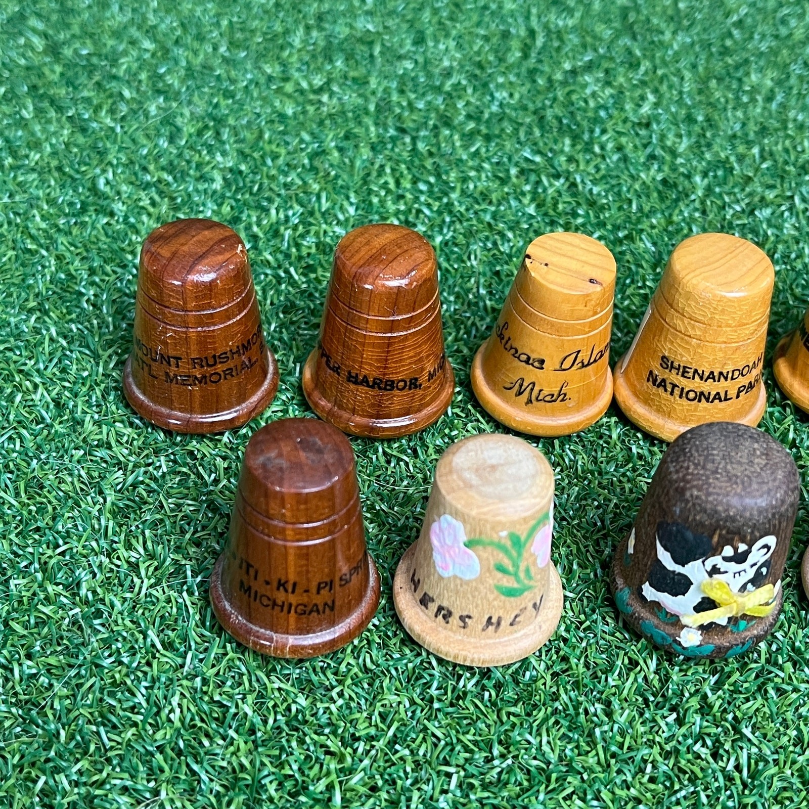 Lot of 9 Vintage US State Wooden Souvenir Thimbles