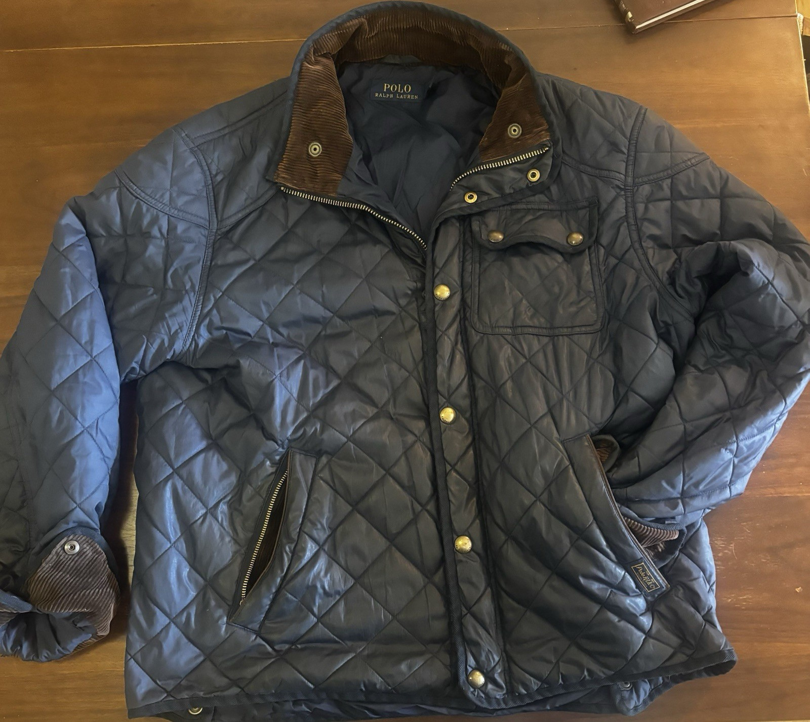 Polo Ralph Lauren Quilted Navy Jacket XL Corduroy Accents Diamond Zipped Pockets